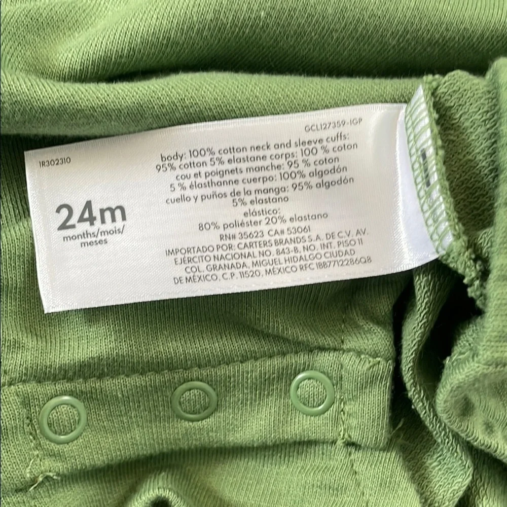 Carter's Green Bodysuit Long  Sleeve & Black Hat Set. 24 Months